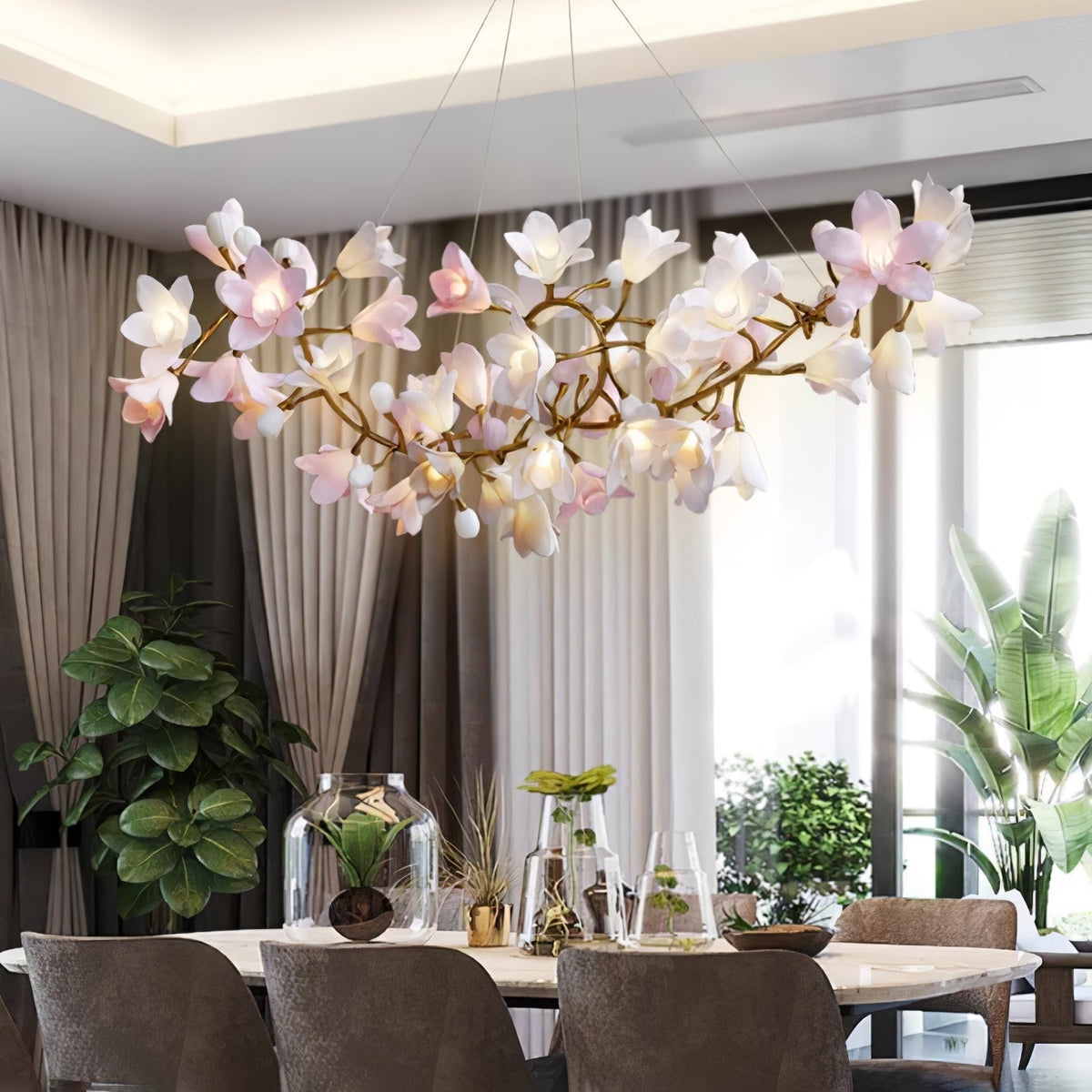 Elemu lampadario in ottone con fiori in Ceramica Rosa