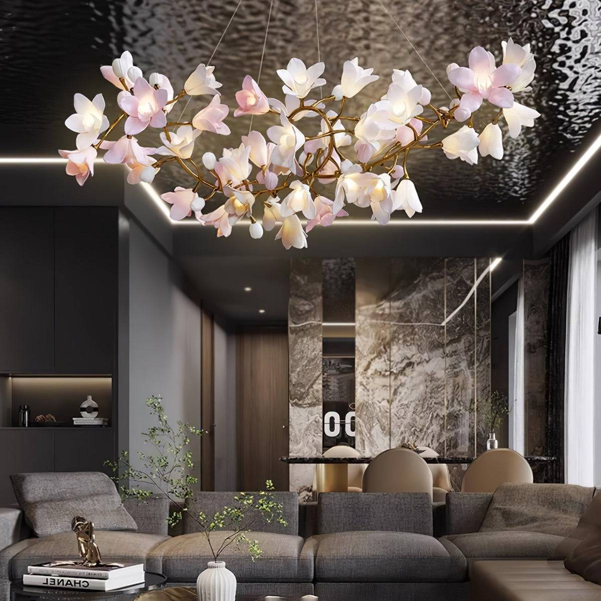 Elemu lampadario in ottone con fiori in Ceramica Rosa