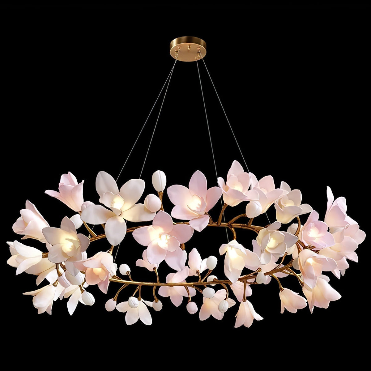 Elemu lampadario in ottone con fiori in Ceramica Rosa