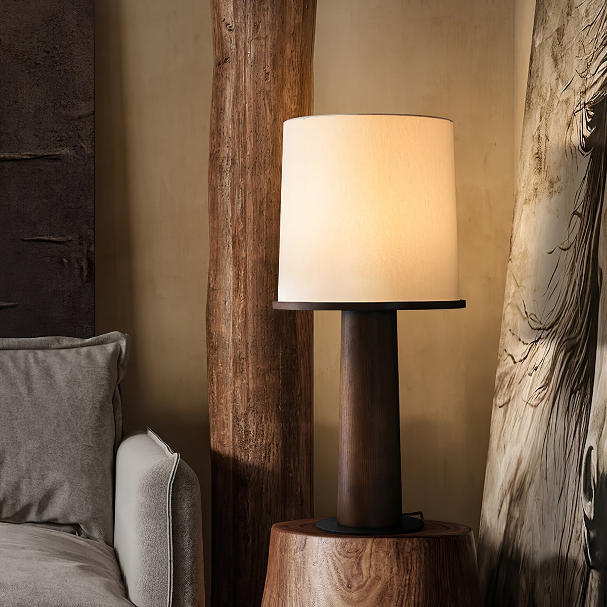 Rinirielle lampada da tavolo in legno e tessuto contemporanea