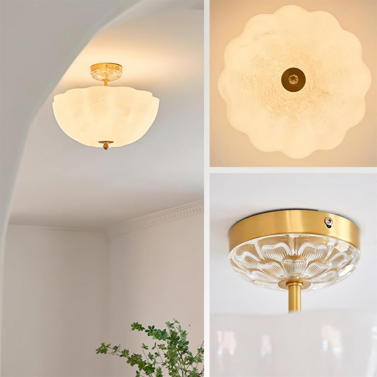 Cava lampada da soffitto in ottone e vetro con elegante silhouette a petalo moderna
