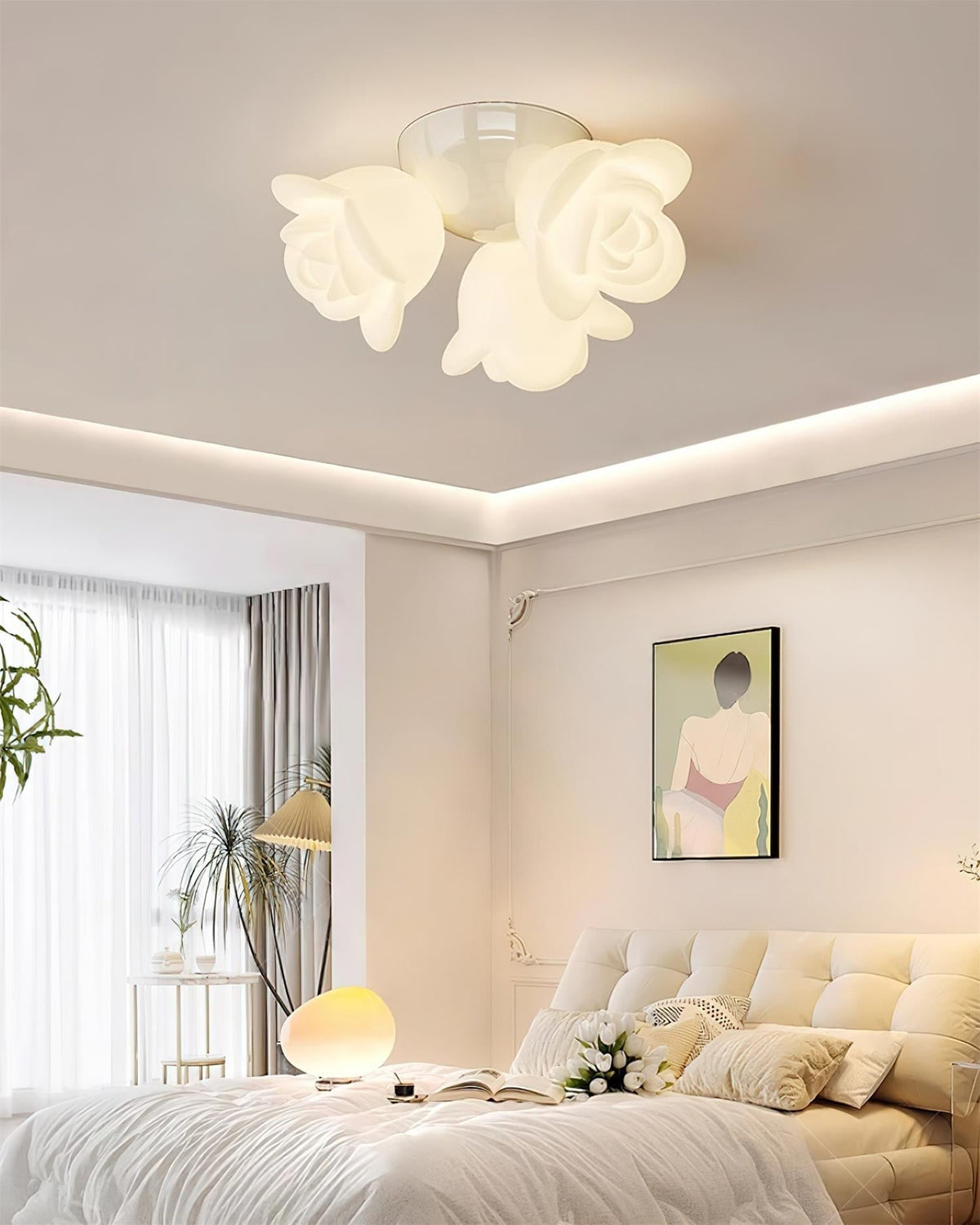 Lampada da soffitto con rosone in metallo e paralume a forma di rosa PE, accento artistico floreale