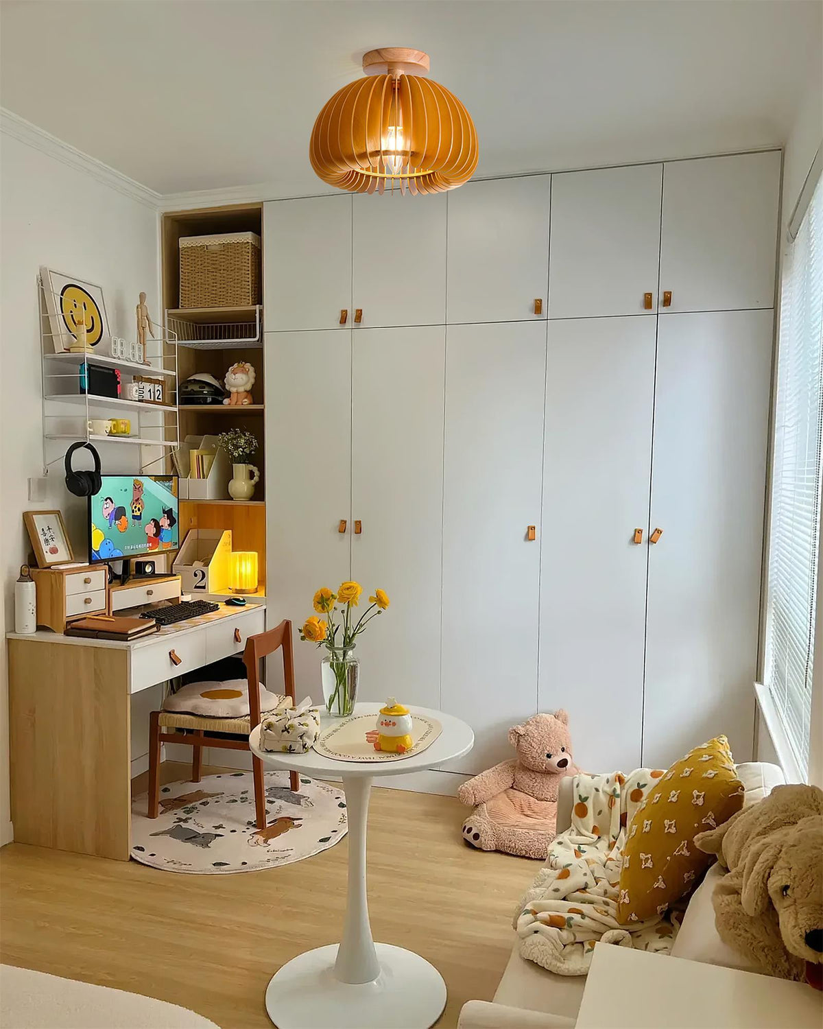 Lampada da soffitto a forma di zucca con rosone e paralume di basswood naturale | Relic Pieces