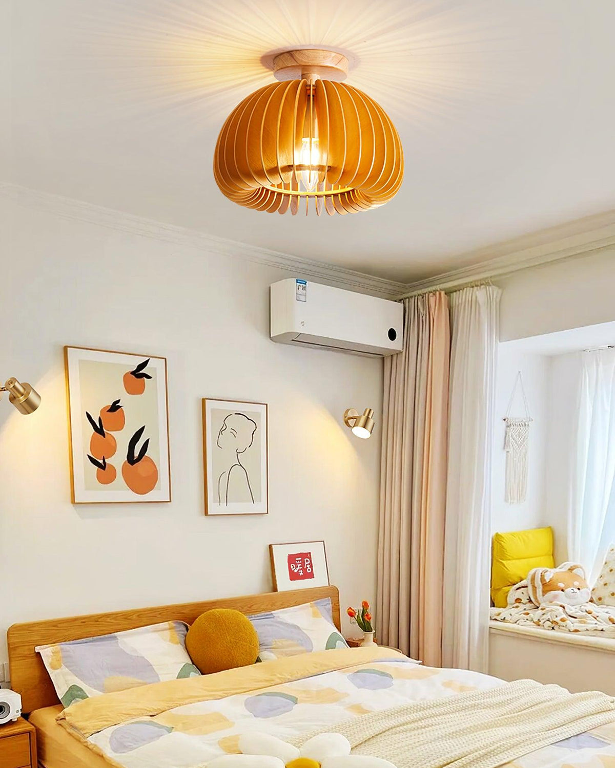 Lampada da soffitto a forma di zucca con rosone e paralume di basswood naturale | Relic Pieces