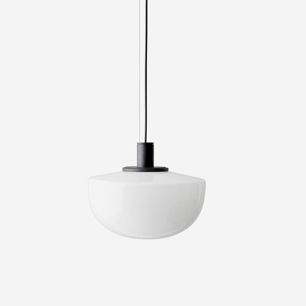 Lampada a sospensione in vetro, rosone metallico, design minimalista in metallo