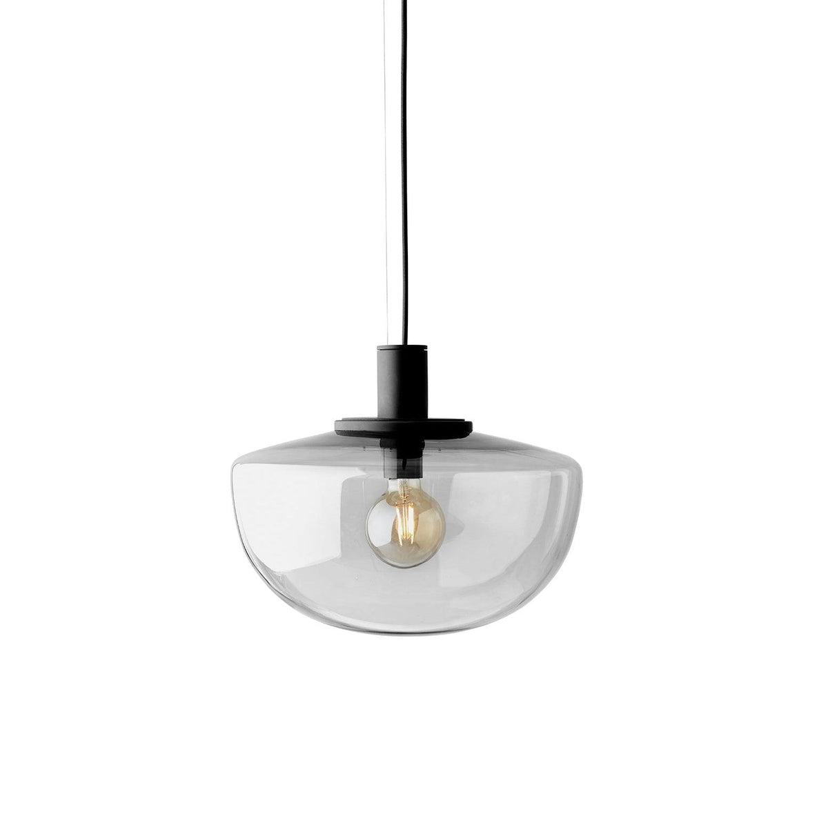 Lampada a sospensione in vetro, rosone metallico, design minimalista in metallo
