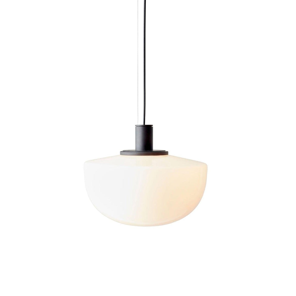 Lampada a sospensione in vetro, rosone metallico, design minimalista in metallo