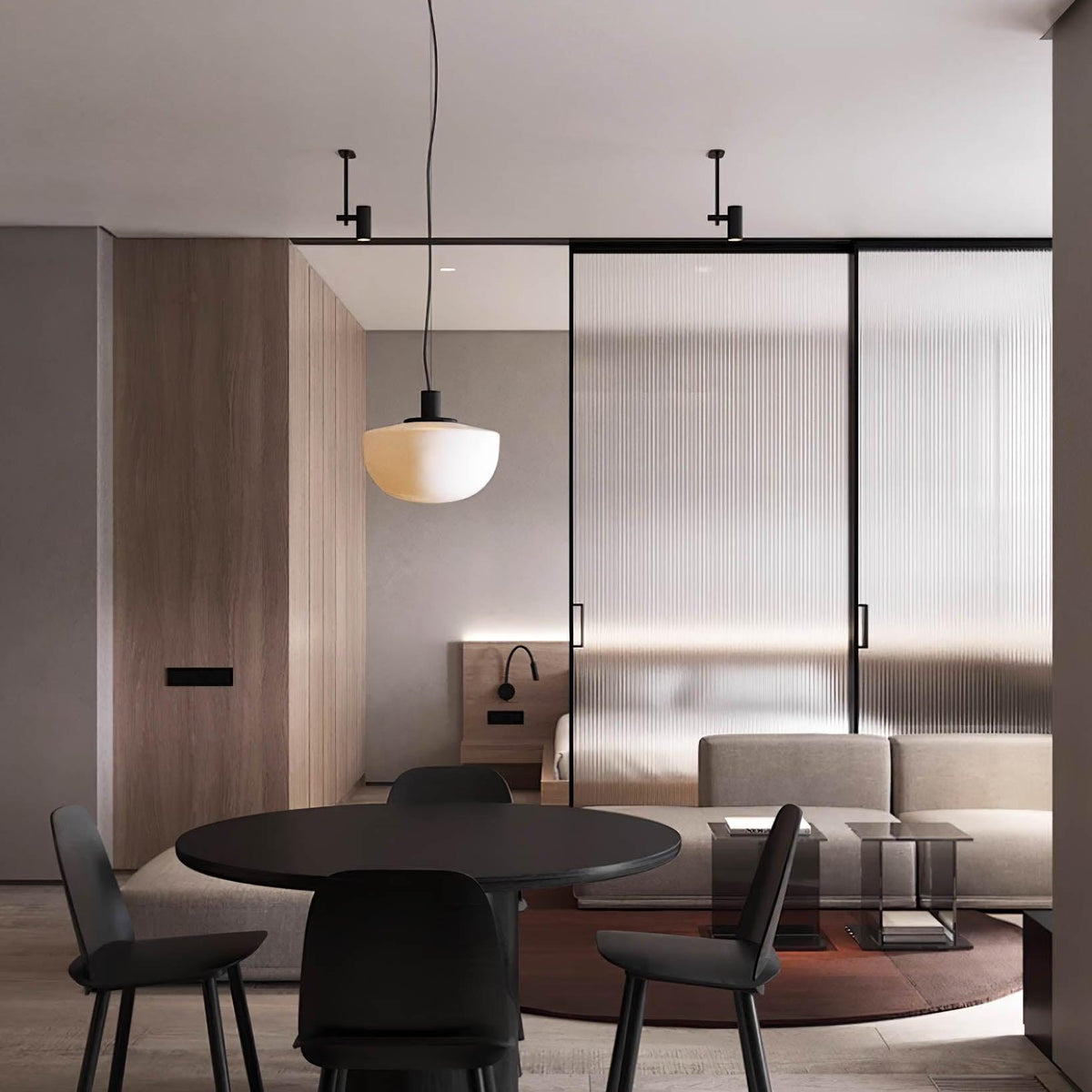 Lampada a sospensione in vetro, rosone metallico, design minimalista in metallo