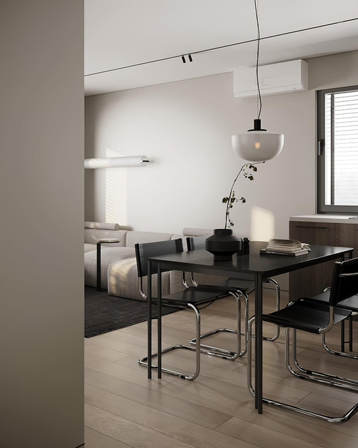 Lampada a sospensione in vetro, rosone metallico, design minimalista in metallo