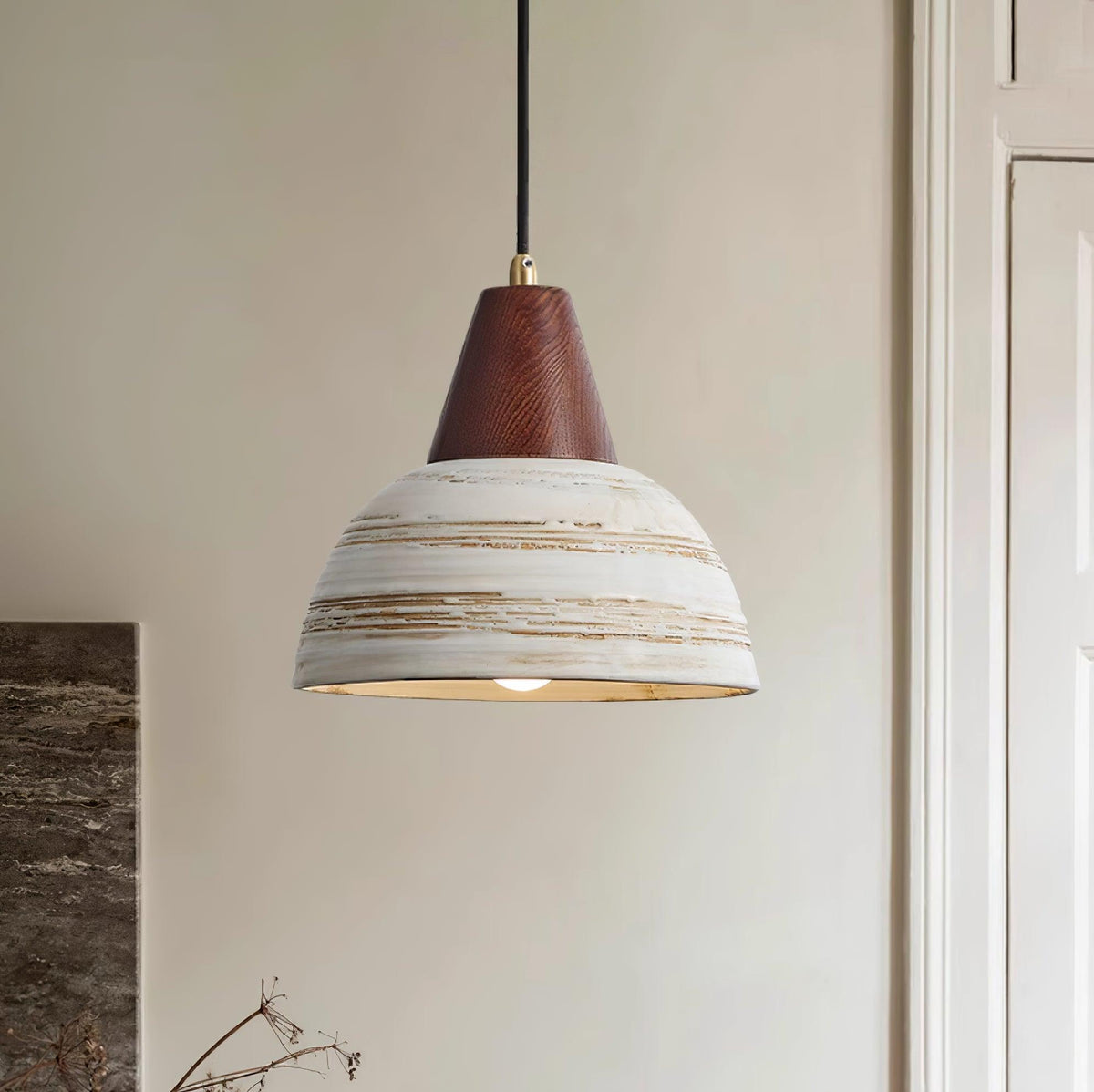 Lampada a sospensione in ceramica texturizzata, forma conica, stile nordico minimalista
