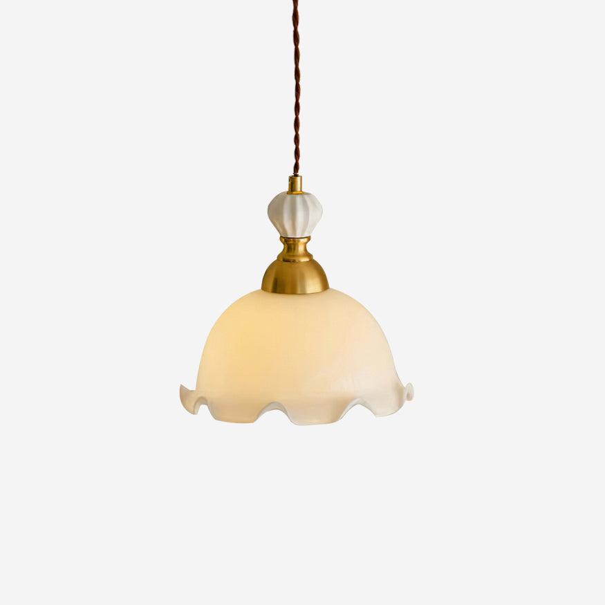Lampada a sospensione con paralume in vetro dal bordo ondulato, luce morbida, stile vintage romantico