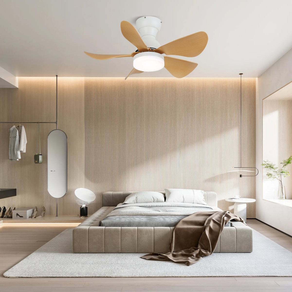 Elvanelle Ventilatore da soffitto con luce in legno noce