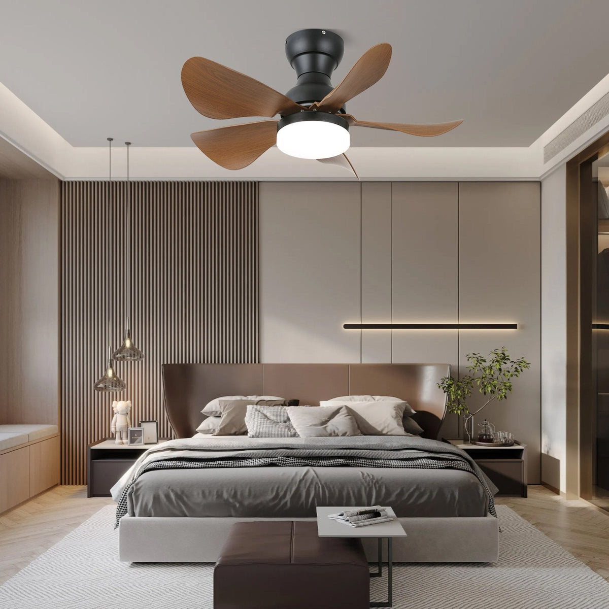 Elvanelle Ventilatore da soffitto con luce in legno noce