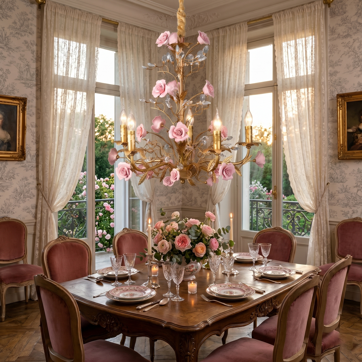 Lampadario Rampicante di Rose in Ceramica Rosa