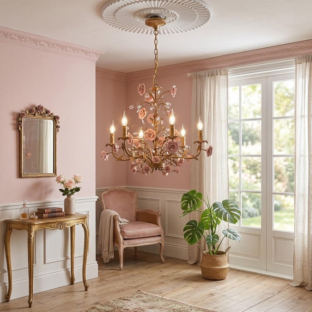 Lampadario Rampicante di Rose in Ceramica Rosa