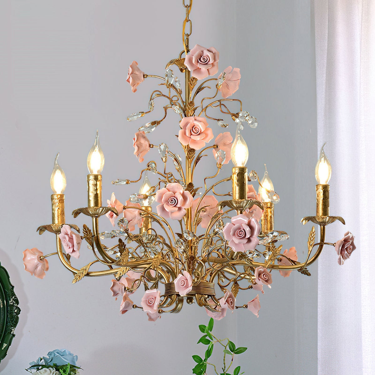 Lampadario Rampicante di Rose in Ceramica Rosa