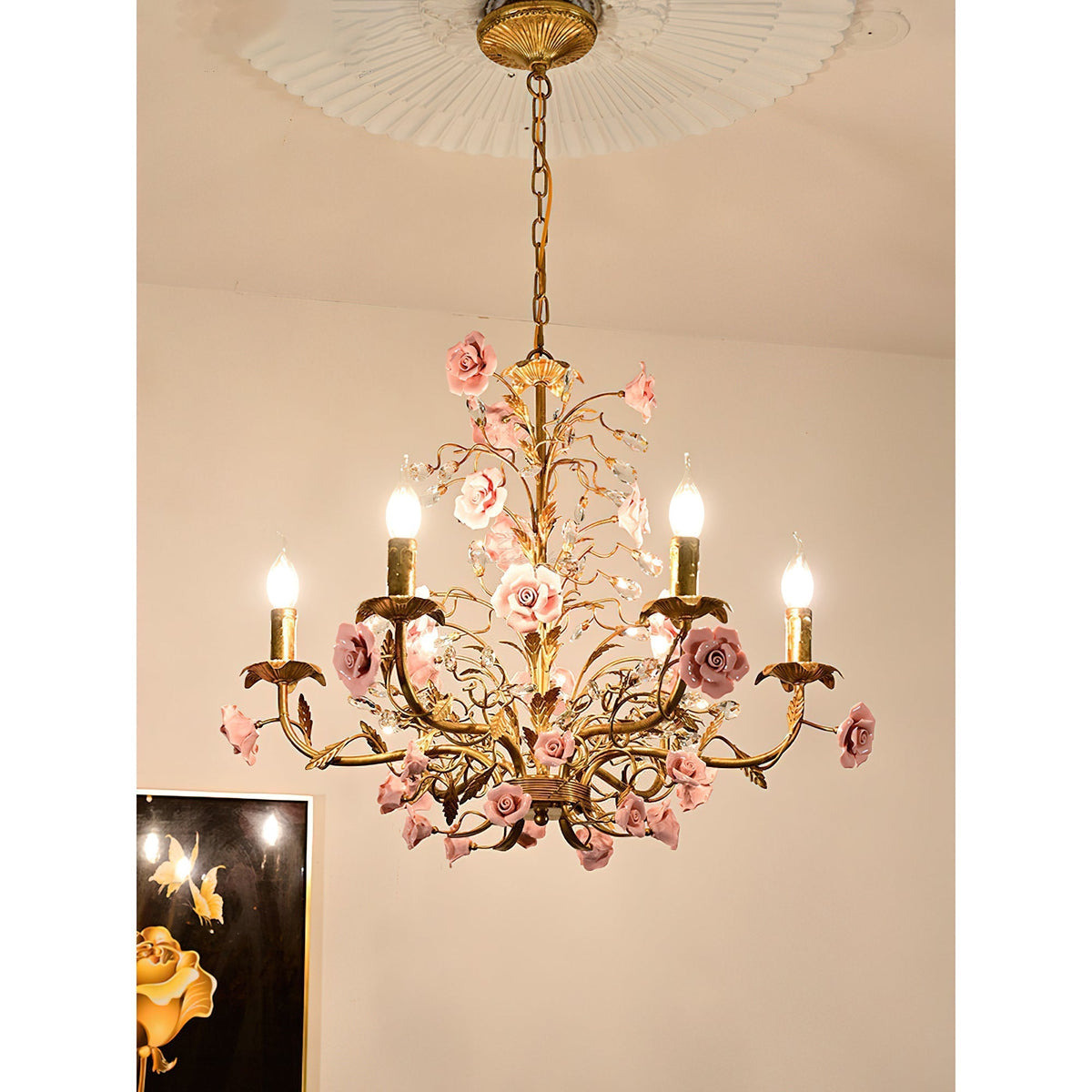 Lampadario Rampicante di Rose in Ceramica Rosa
