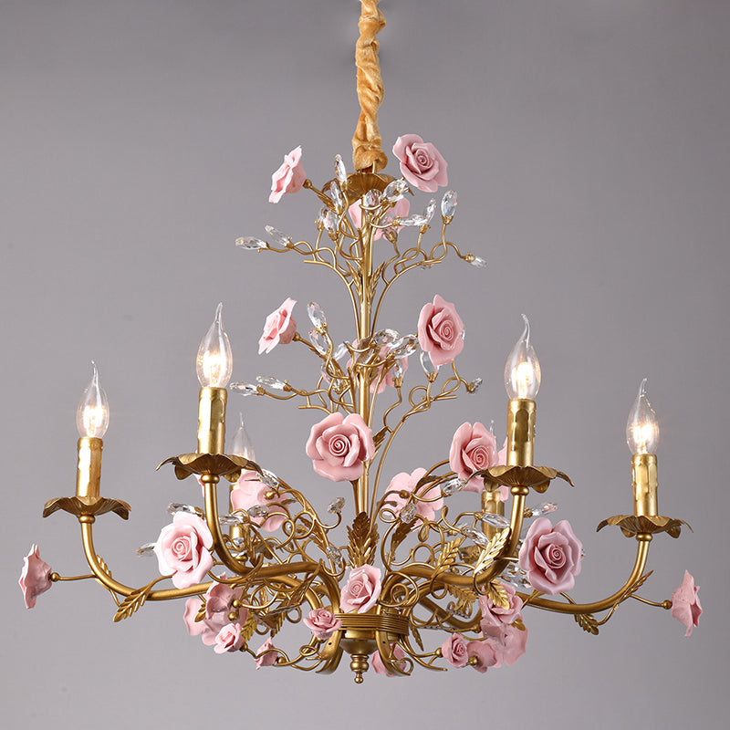 Lampadario Rampicante di Rose in Ceramica Rosa