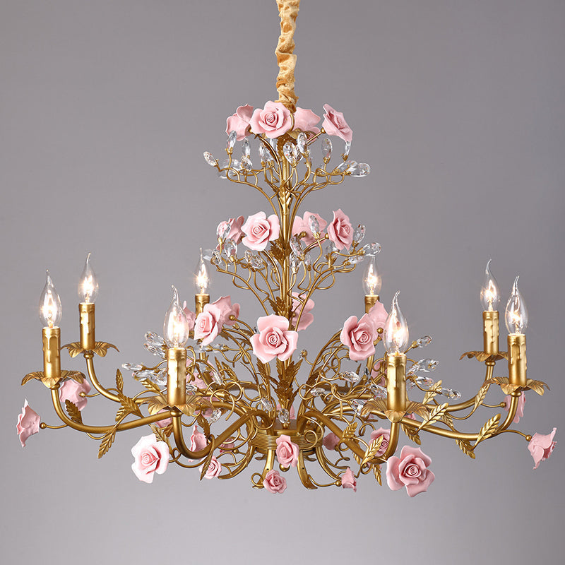 Lampadario Rampicante di Rose in Ceramica Rosa