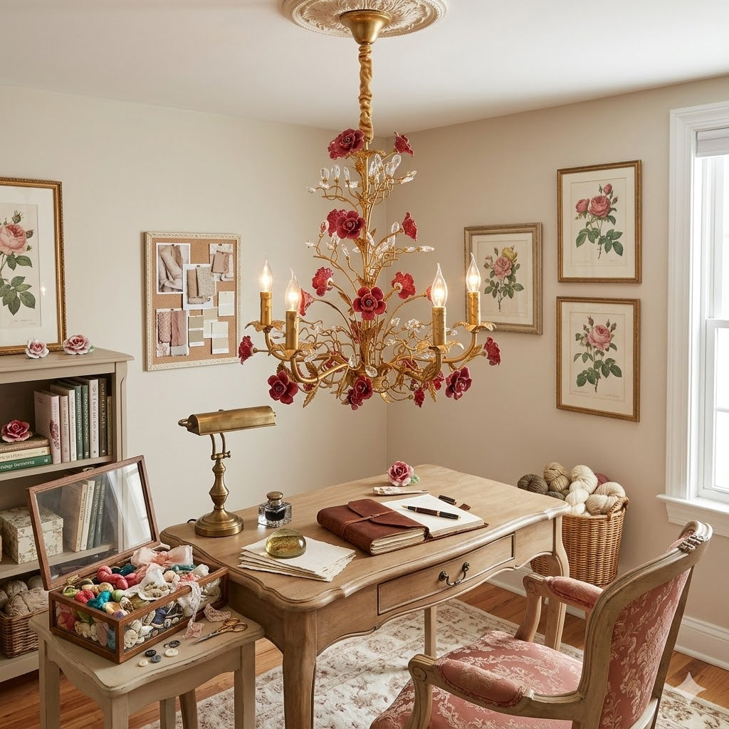 Lampadario Rampicante di Rose in Ceramica Rosa