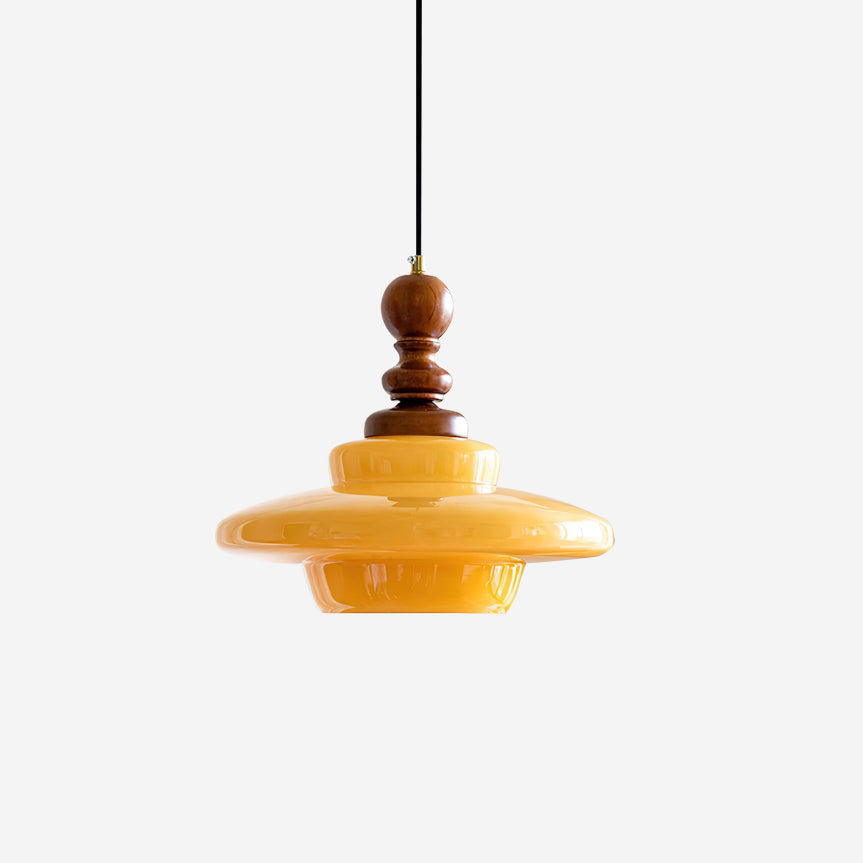 Lampada a sospensione in vetro giallo con dettagli in legno noce stile retrò