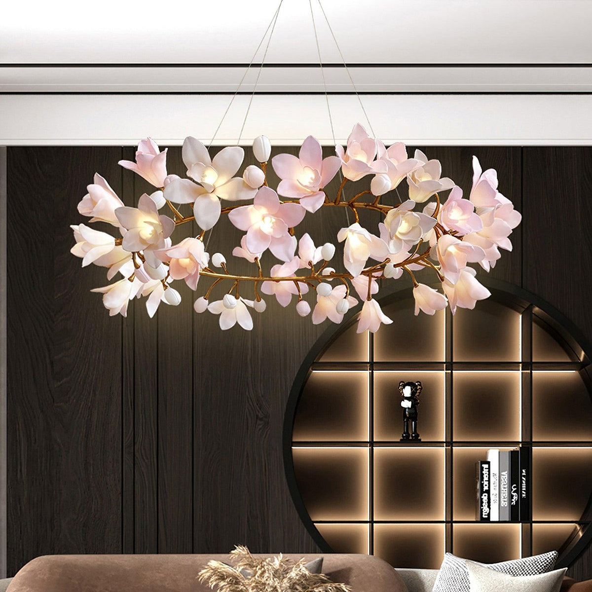 Elemu lampadario in ottone con fiori in Ceramica Rosa