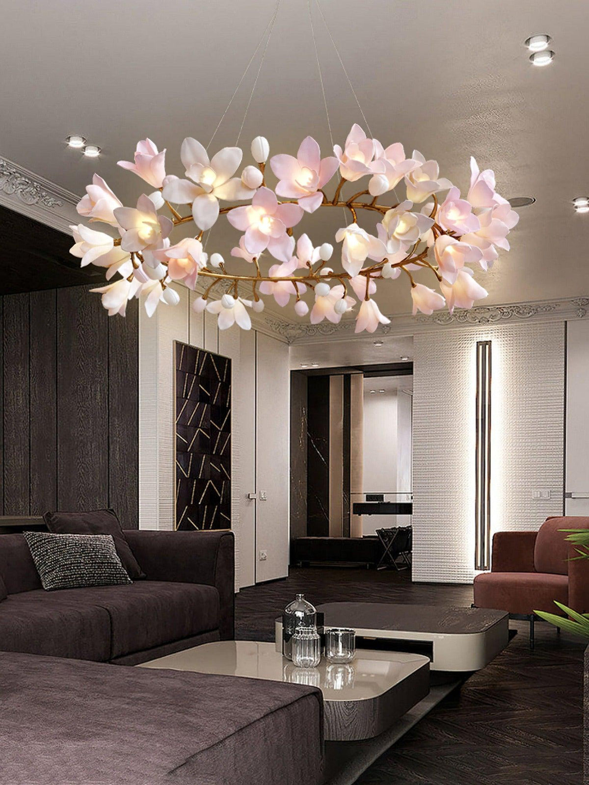 Elemu lampadario in ottone con fiori in Ceramica Rosa