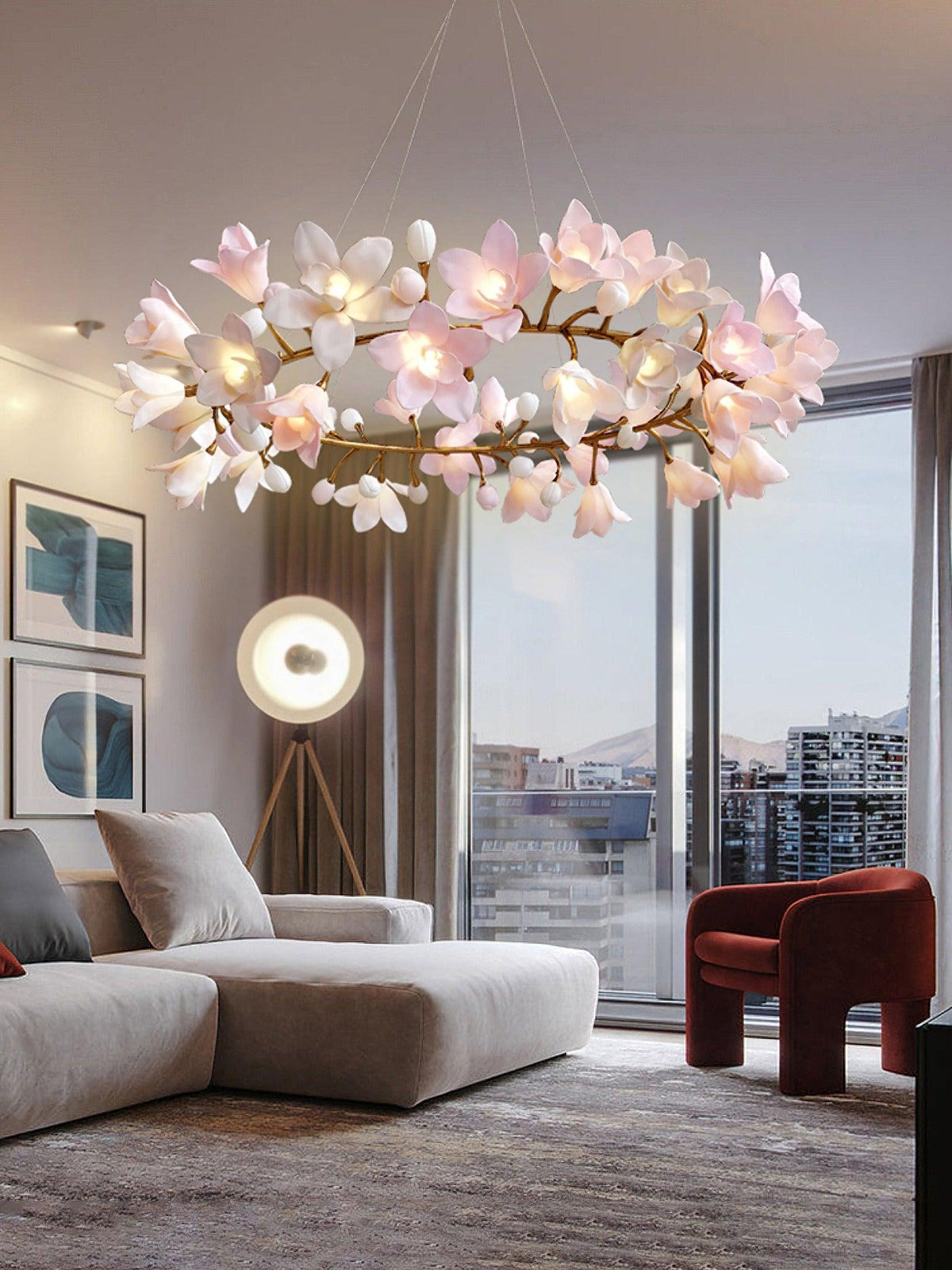 Elemu lampadario in ottone con fiori in Ceramica Rosa