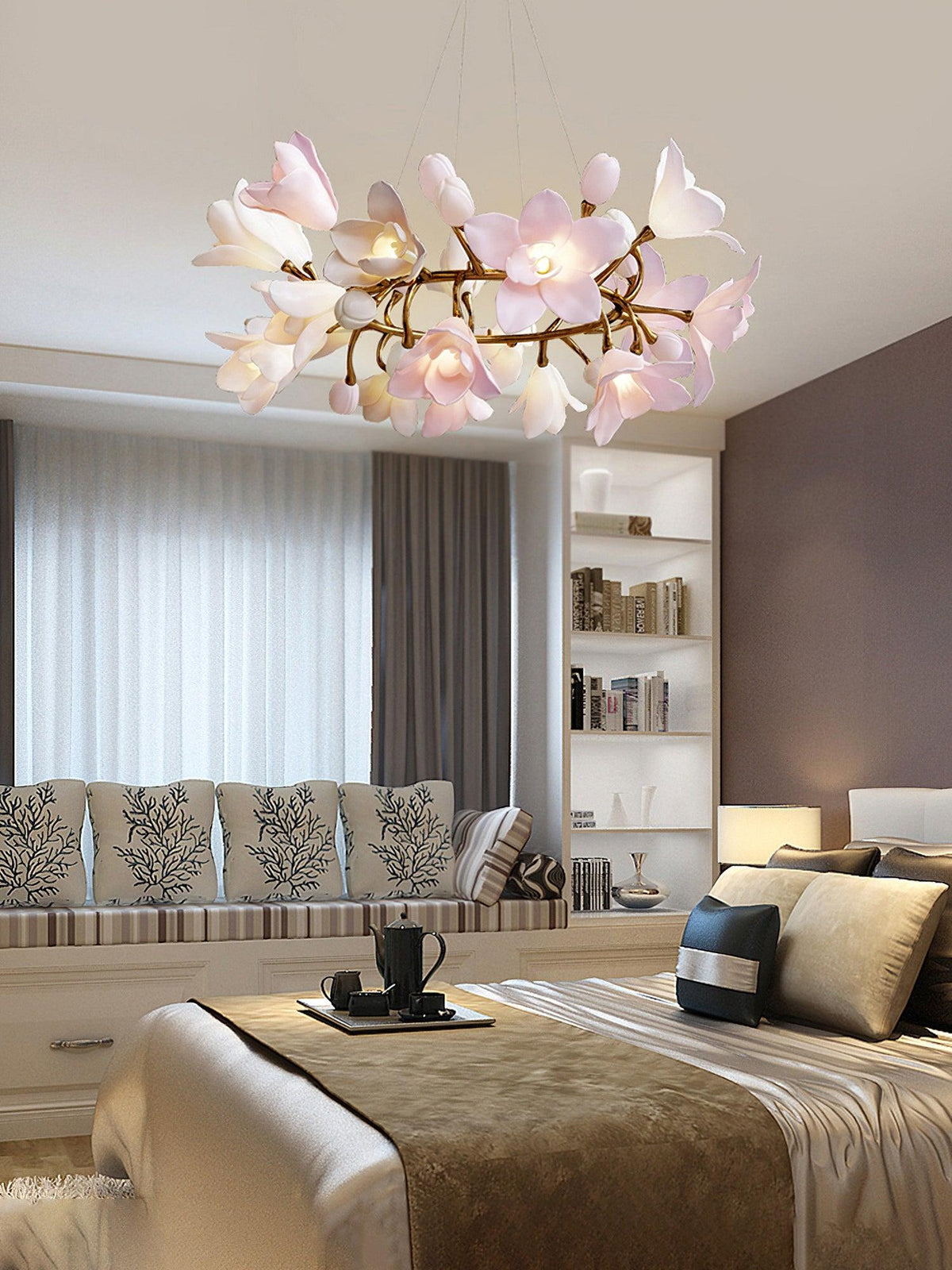 Elemu lampadario in ottone con fiori in Ceramica Rosa