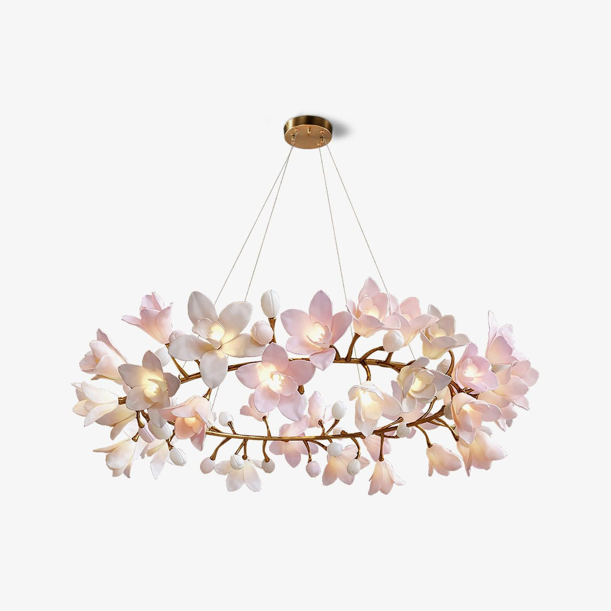 Elemu lampadario in ottone con fiori in Ceramica Rosa