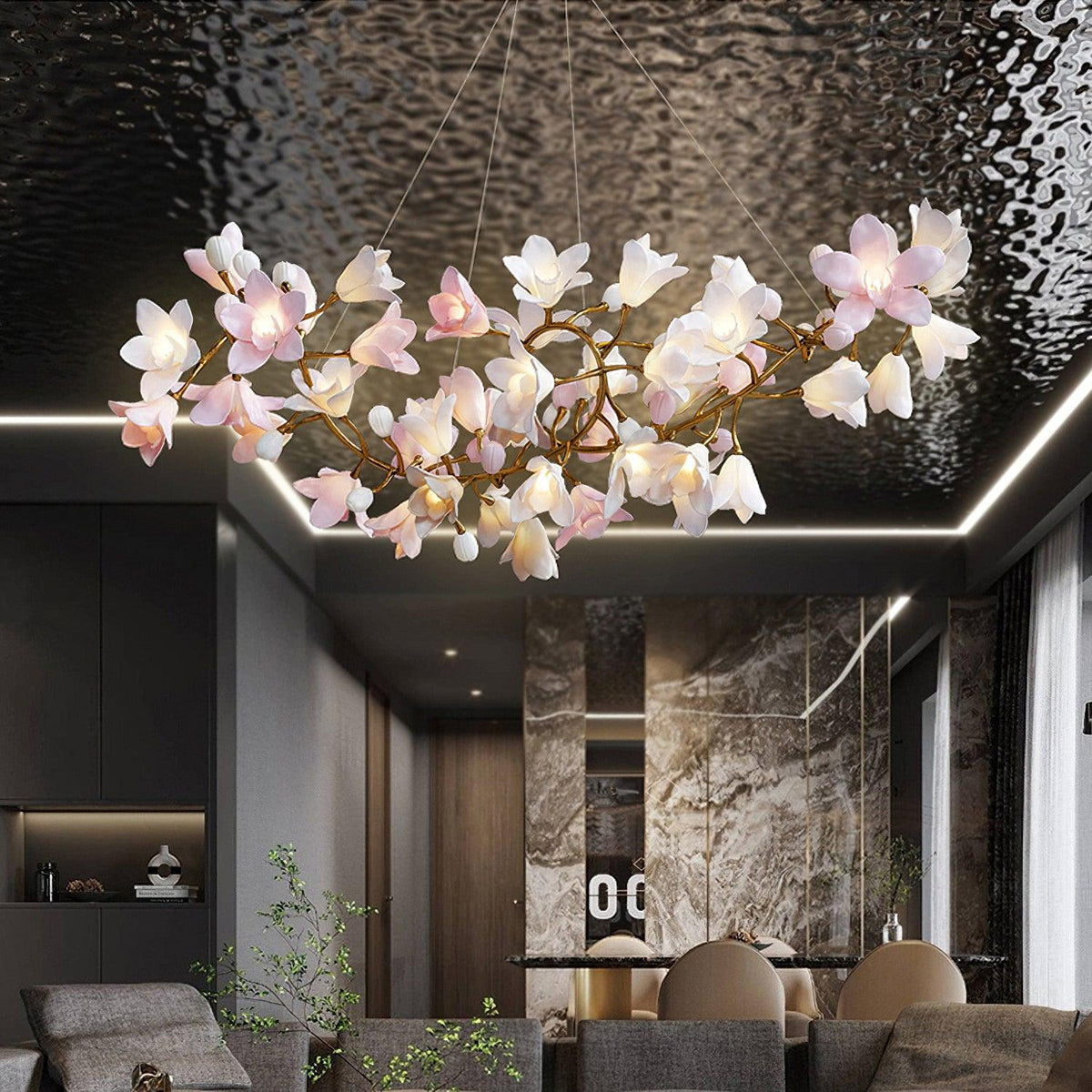 Elemu lampadario in ottone con fiori in Ceramica Rosa