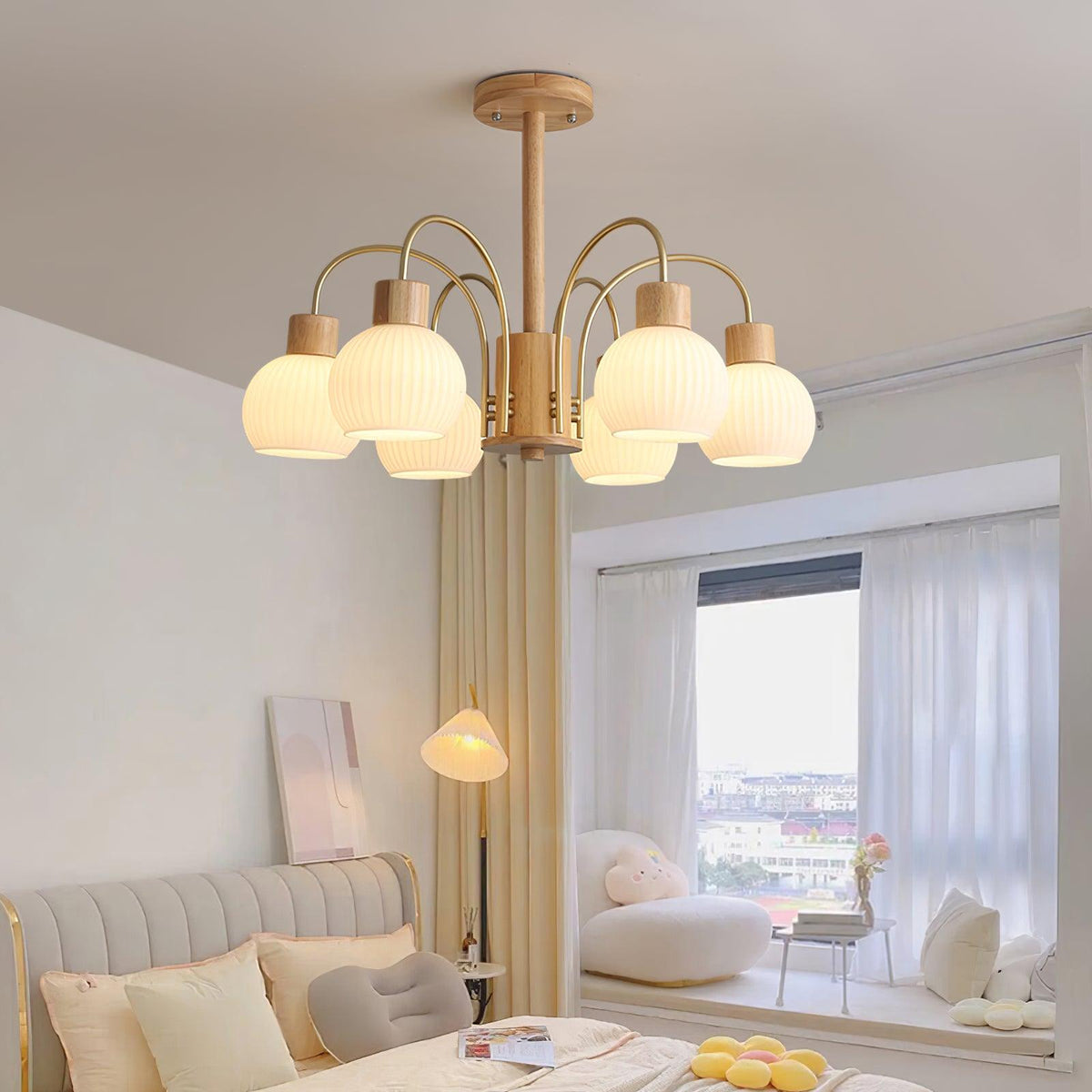 Sylorine lampadario in legno 6 luci Eleganti in vetro