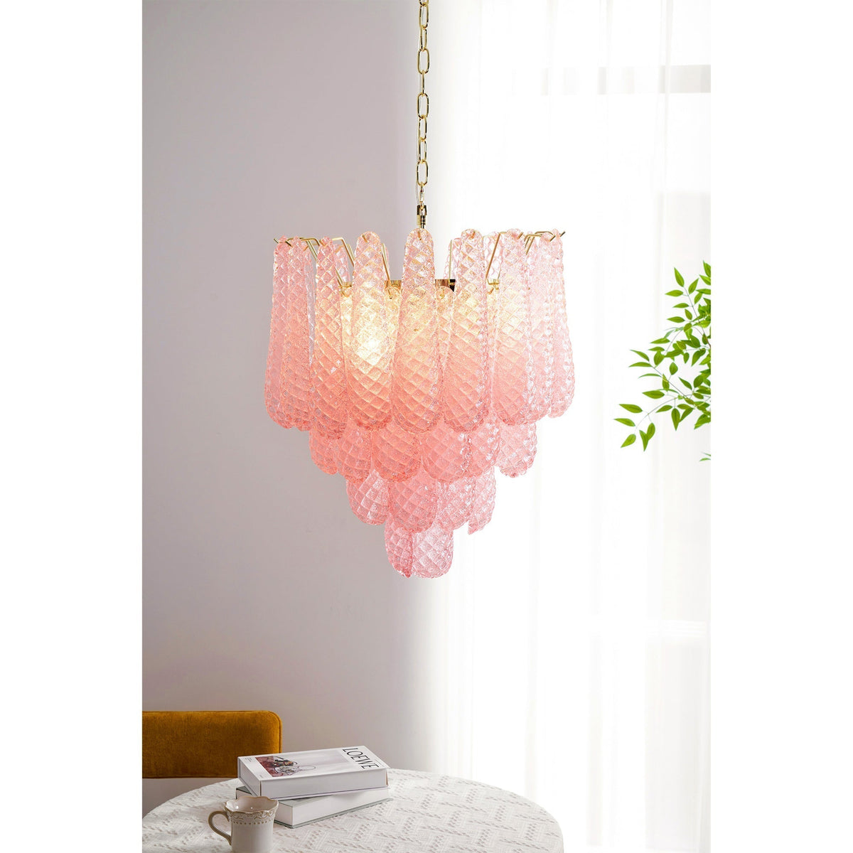 Veliena lampadario Gocce Rosa vetro Murano Motivo Diamante Cascata