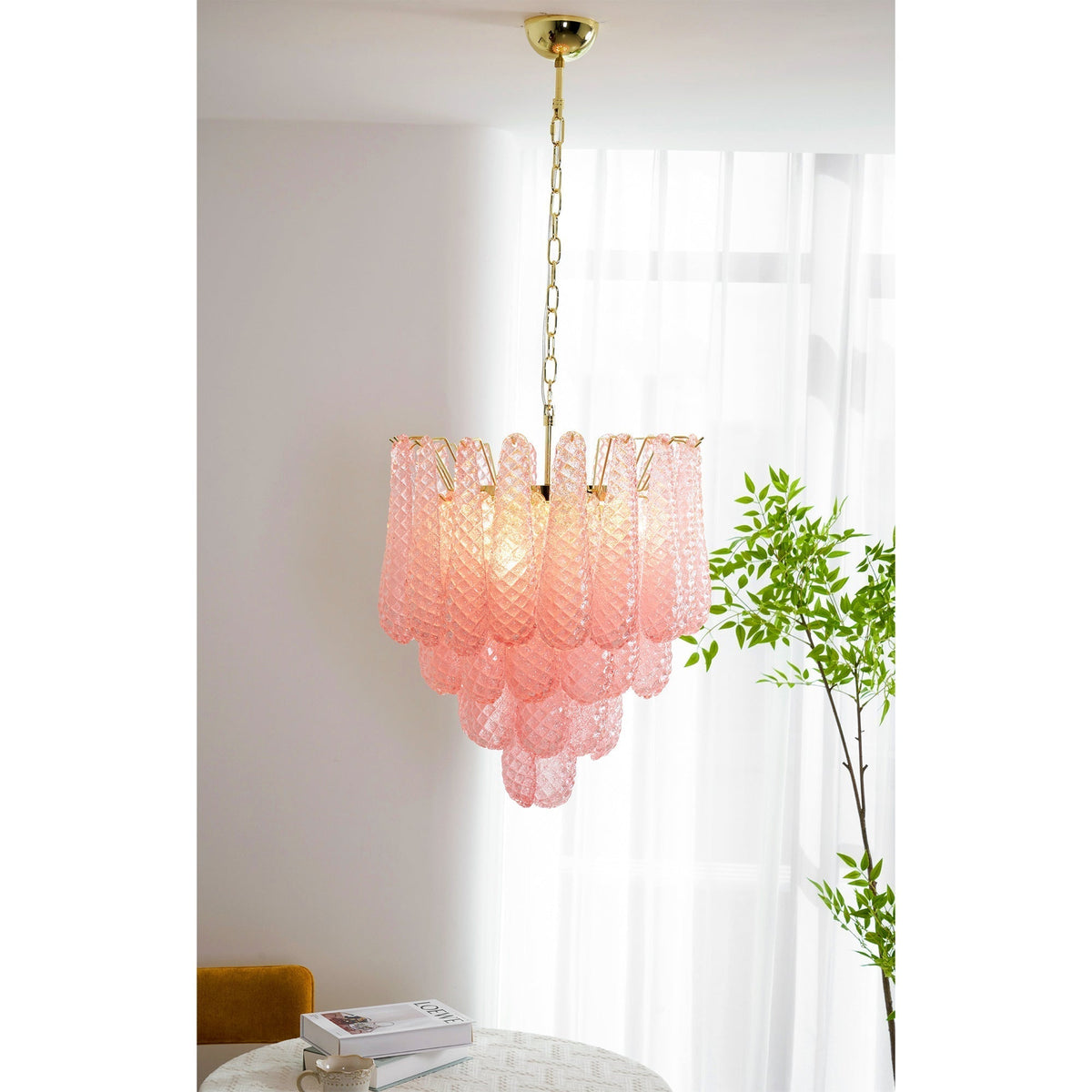 Veliena lampadario Gocce Rosa vetro Murano Motivo Diamante Cascata