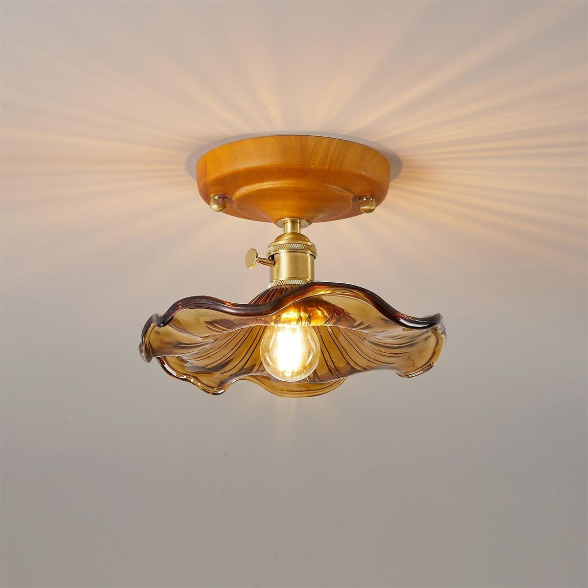 Lampada da soffitto con rosone in legno e paralume in vetro e ottone, stile vintage floreale country