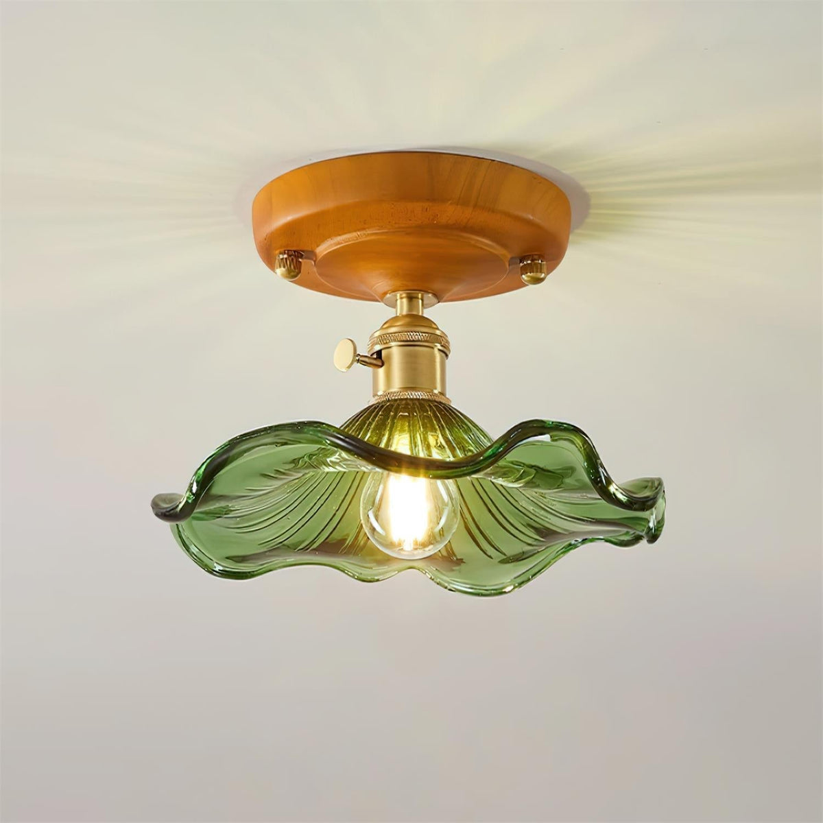 Lampada da soffitto con rosone in legno e paralume in vetro e ottone, stile vintage floreale country