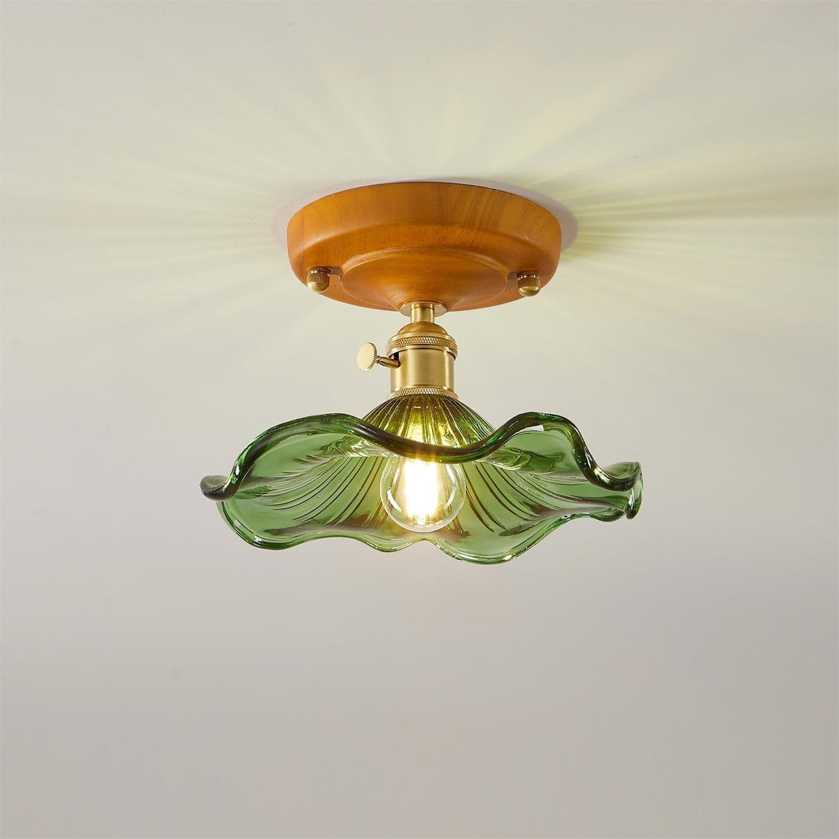 Lampada da soffitto con rosone in legno e paralume in vetro e ottone, stile vintage floreale country