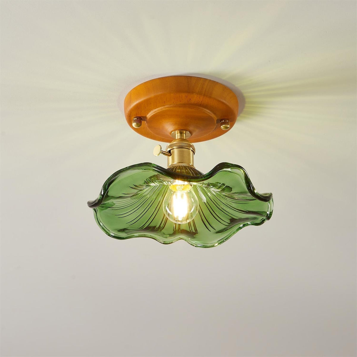 Lampada da soffitto con rosone in legno e paralume in vetro e ottone, stile vintage floreale country