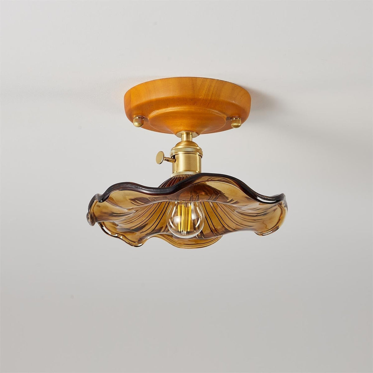 Lampada da soffitto con rosone in legno e paralume in vetro e ottone, stile vintage floreale country
