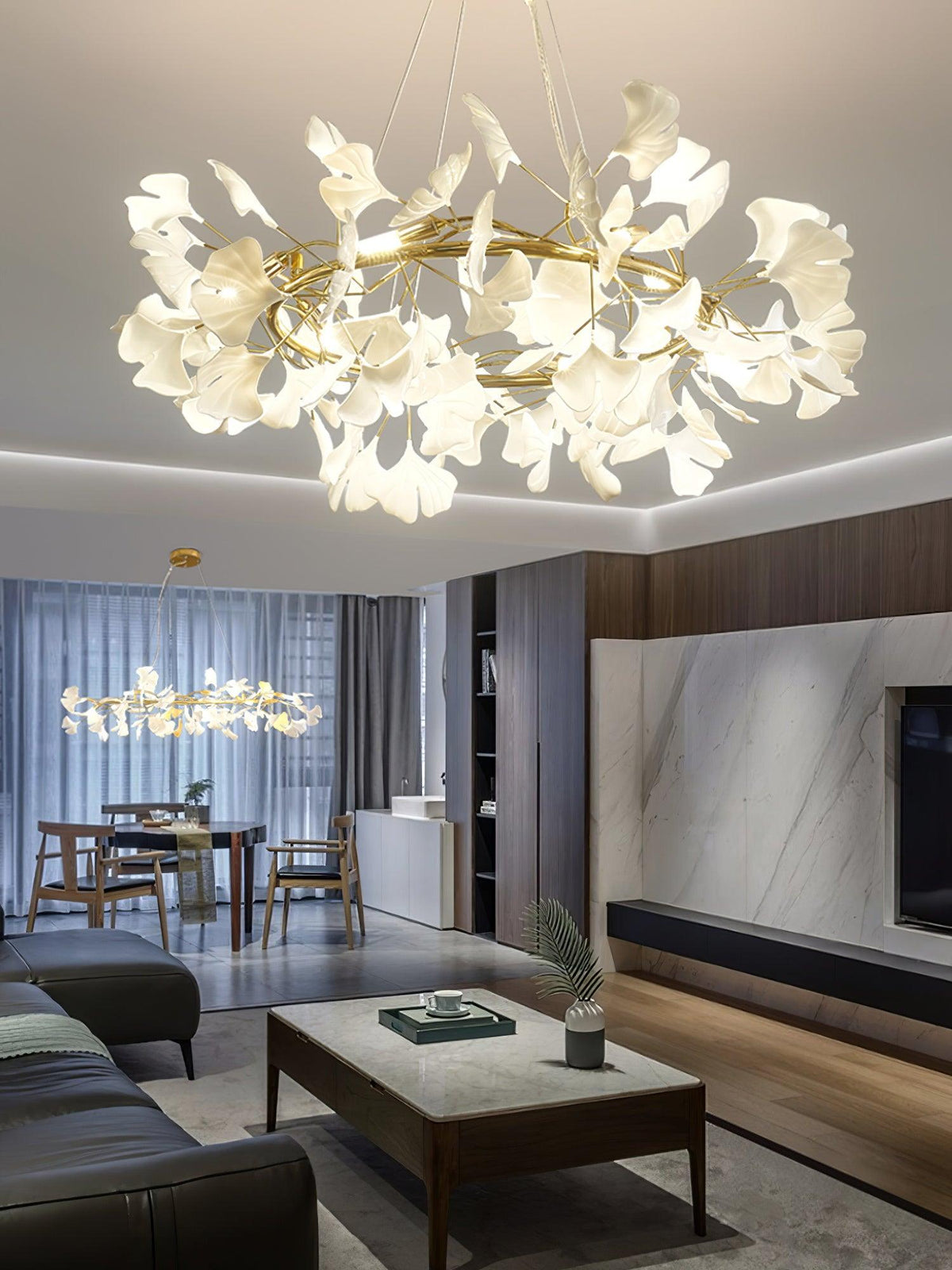 Lampadario Cornice Metallica Ceramica Ginkgo Ombra Oro bianco Arte moderna in metallo