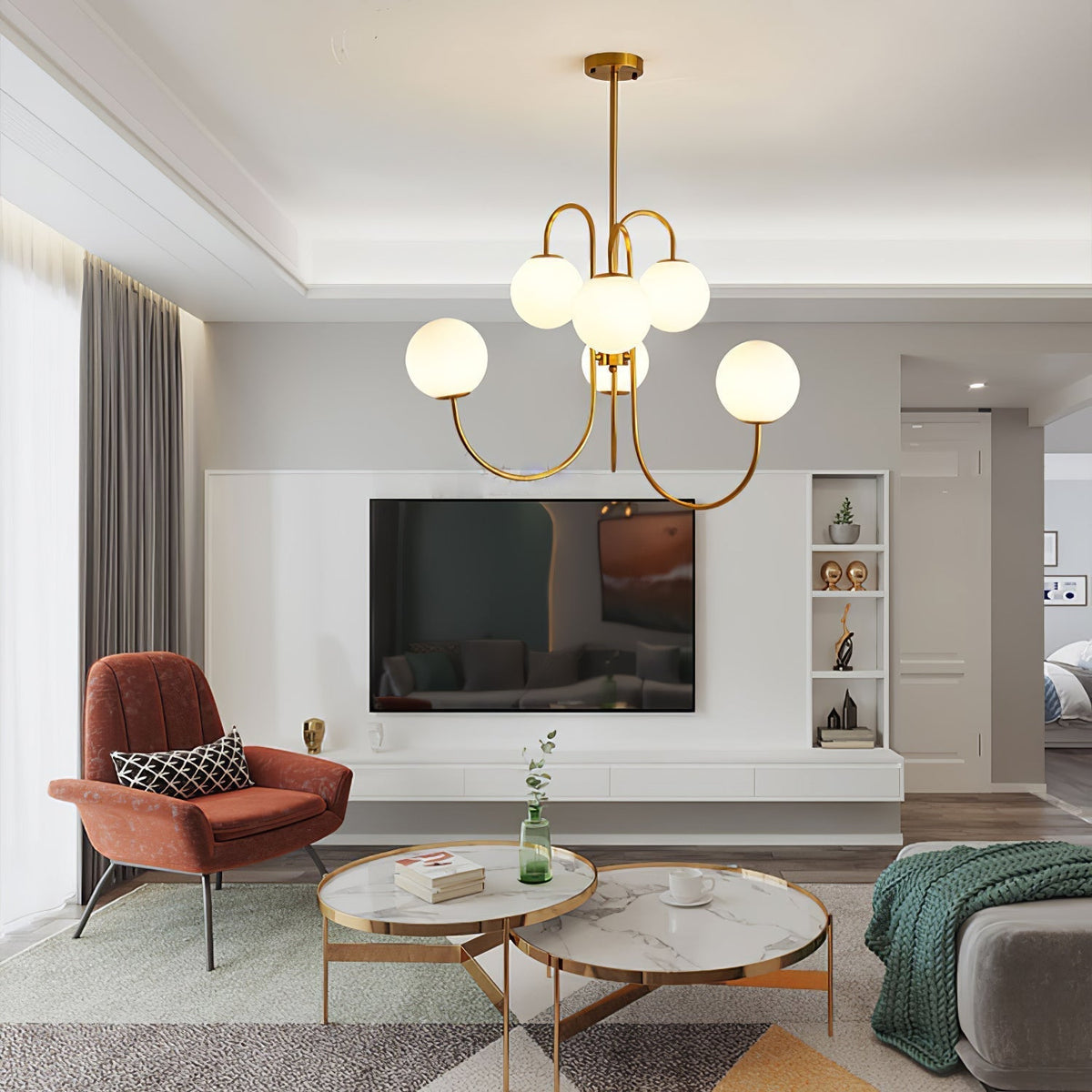 Auruaria lampadario ottone Bracci Curvi sfere Opaline elegante per soggiorno a grappolo