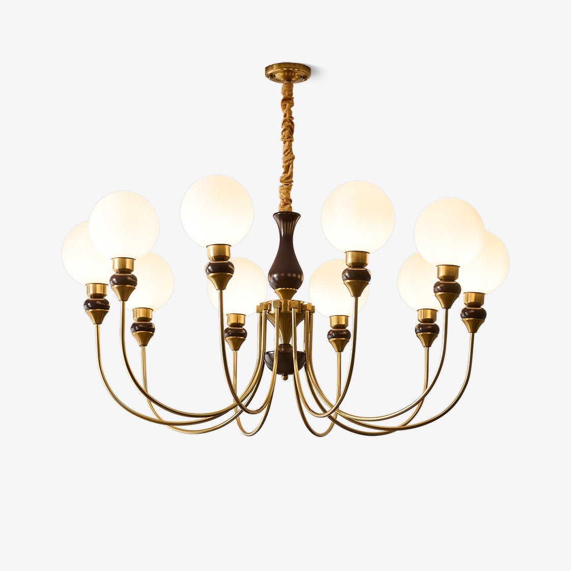 Eiruella lampadario Bracci in ottone globi in vetro Smerigliato