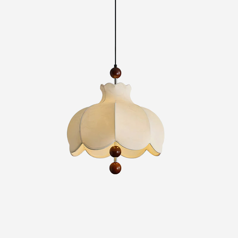 Lampada a sospensione con paralume in tessuto e dettagli in legno vintage per soggiorno