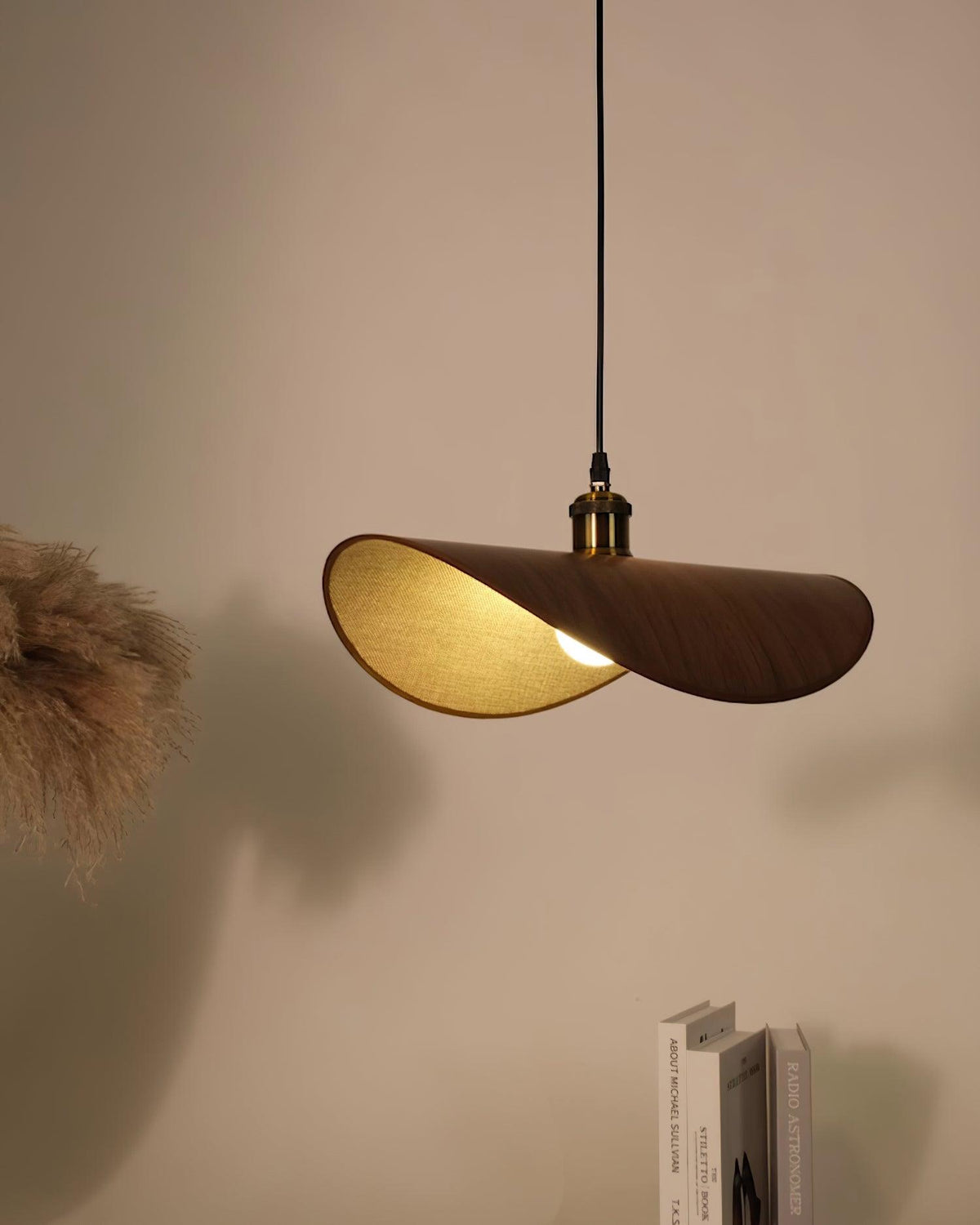Mirelle lampada a sospensione in tessuto lino, finitura legno minimalista