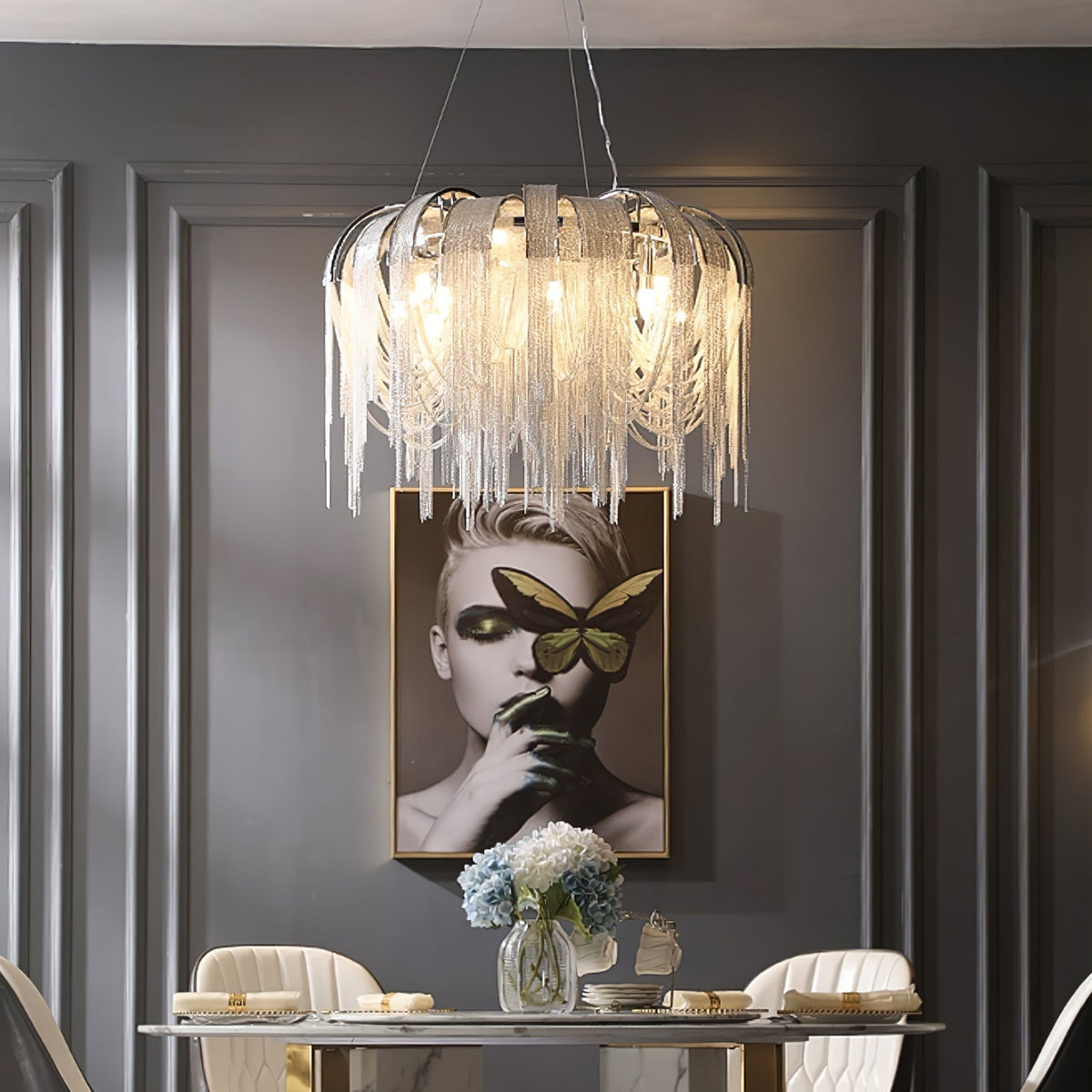 Tarien lampadario a Catene Stratificate in Nichel lusso