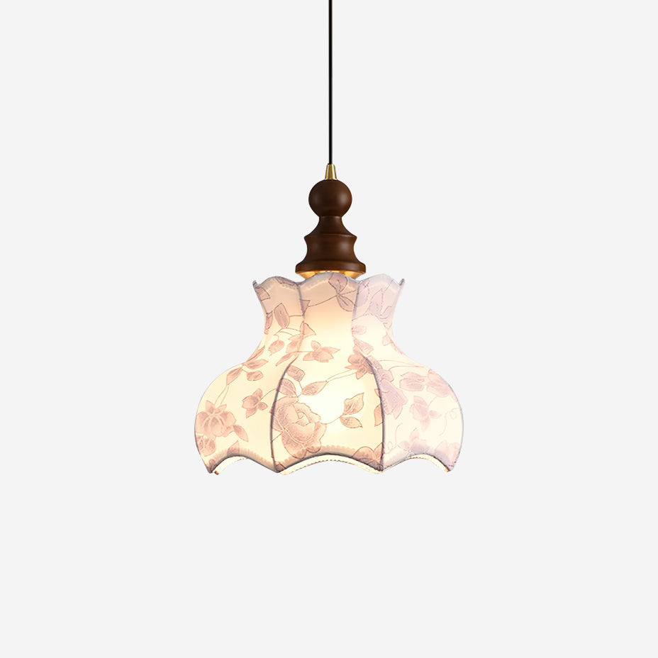 Lampada a sospensione in metallo e legno con tessuto vintage floreale elegante