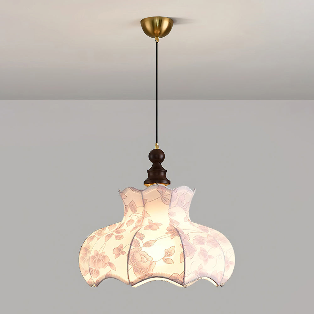 Lampada a sospensione in metallo e legno con tessuto vintage floreale elegante