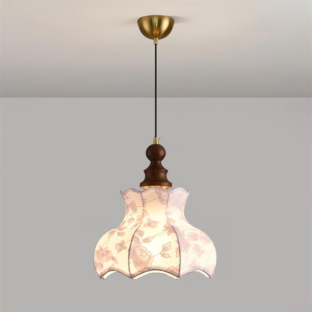 Lampada a sospensione in metallo e legno con tessuto vintage floreale elegante