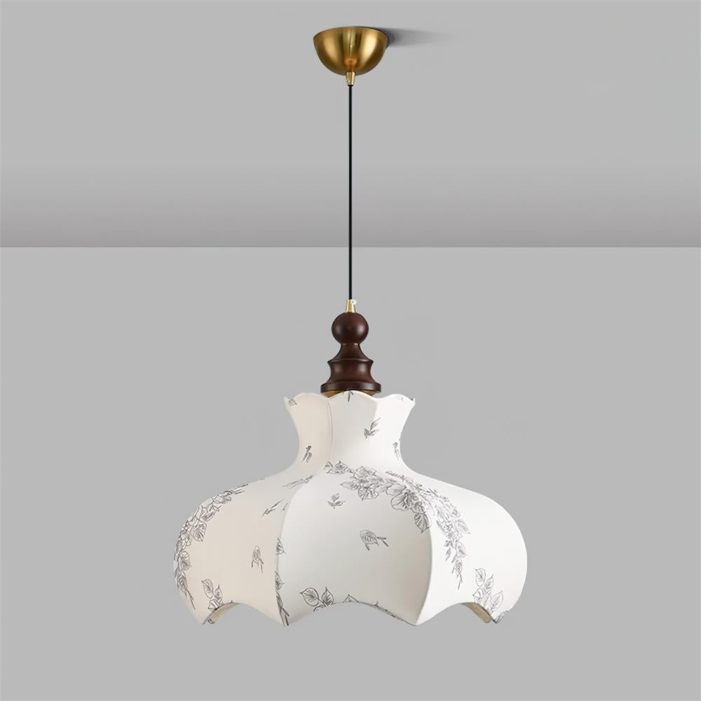 Lampada a sospensione in metallo e legno con tessuto vintage floreale elegante
