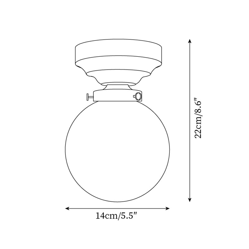 Lampada da soffitto in vetro chiaro, rosone in ottone e paralume sferico in legno noce